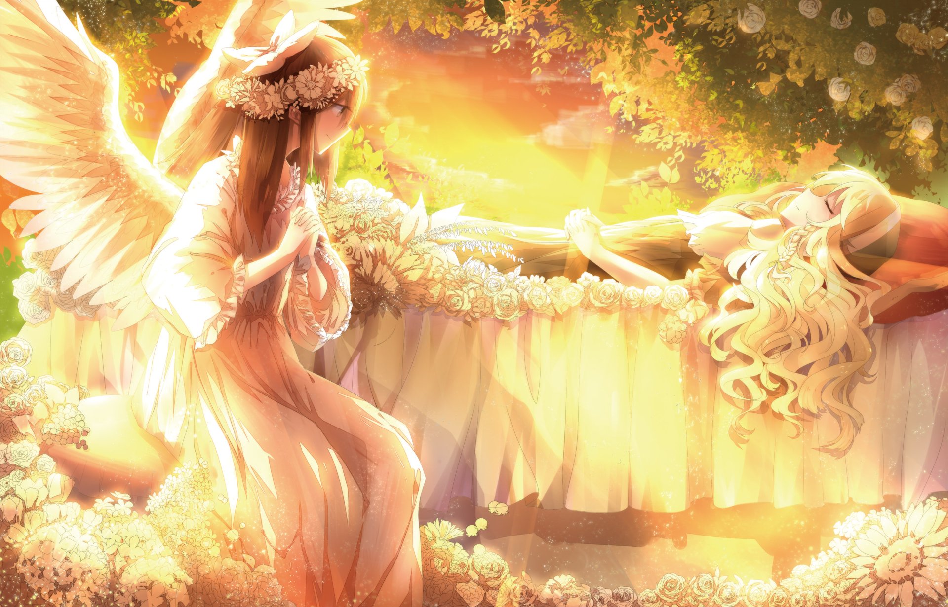 A serene HD wallpaper featuring Marisa Kirisame and Reimu Hakurei from the anime Touhou, set against a backdrop of blooming flowers and a vibrant sunset.