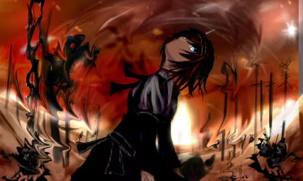 Alice Margatroid (Touhou) in anime style, silhouetted figure with glowing blue eye amid swirling red-orange flames and puppet-like silhouettes — 2K Quad HD PC desktop wallpaper/background.