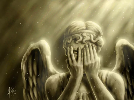 HD wallpaper of a Weeping Angel from the TV show Doctor Who (2005), depicting an angel statue covering its face under a glowing light, creating a dramatic and eerie atmosphere.
