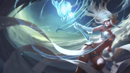 HD PC desktop wallpaper featuring Janna from the video game League of Legends, showcasing her magical powers in a dynamic and ethereal scene.
