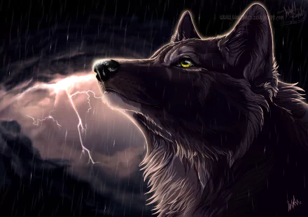 A majestic black wolf stands against a stormy backdrop, illuminated by flashes of lightning, capturing the essence of fantasy in this HD PC desktop wallpaper.