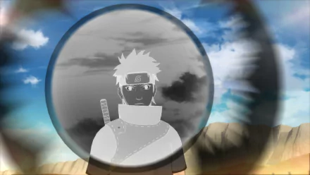 HD PC desktop wallpaper of Shisui Uchiha from the video game Naruto Shippuden: Ultimate Ninja Storm Revolution — grayscale bust framed in a circular lens over a cloudy blue-sky ninja landscape.