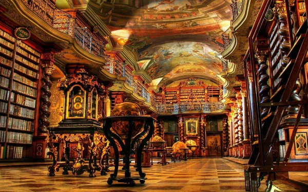 HD desktop wallpaper featuring the ornate interior of Cambridge University Library, showcasing intricate woodwork, bookshelves, and a painted ceiling.
