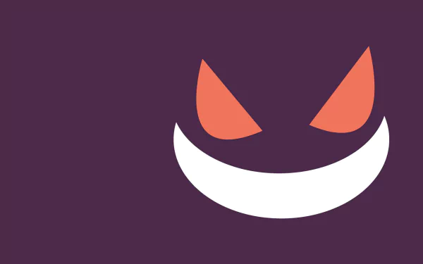 A minimalist HD desktop wallpaper featuring Gengar from Pokémon, showcasing its iconic mischievous smile and vibrant colors against a purple background.