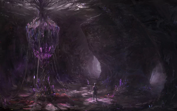 Dark cavern scene from Black Gold Online featuring glowing purple crystals and a lone figure, rendered in HD for a PC desktop wallpaper and background.