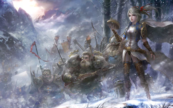 HD PC desktop wallpaper from the video game Black Gold Online, featuring a heroic female warrior leading a group through a snowy, mountainous battlefield.