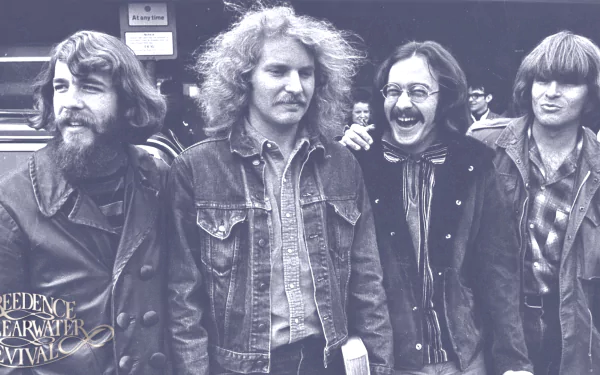 Black-and-white HD desktop wallpaper featuring the members of Creedence Clearwater Revival, capturing the iconic rock band's relaxed and smiling poses.