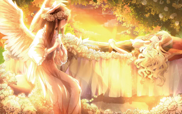 A serene HD wallpaper featuring Marisa Kirisame and Reimu Hakurei from the anime Touhou, set against a backdrop of blooming flowers and a vibrant sunset.