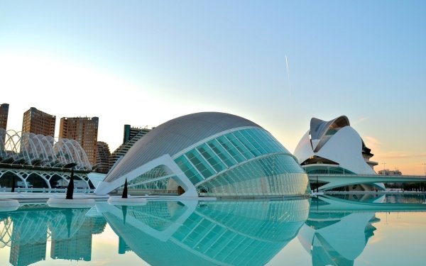 Man Made City Of Arts And Sciences City Architecture Hemispheric Valencia Reflection Airplane Jet Spain HD Wallpaper | Background Image