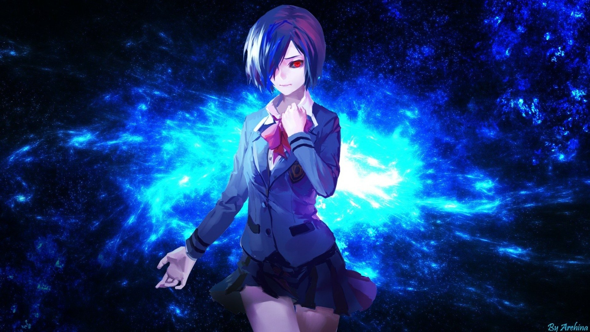 HD desktop wallpaper featuring Touka Kirishima from Tokyo Ghoul, in a uniform with a skirt and bow, showcasing purple hair and red eyes against a cosmic blue background.