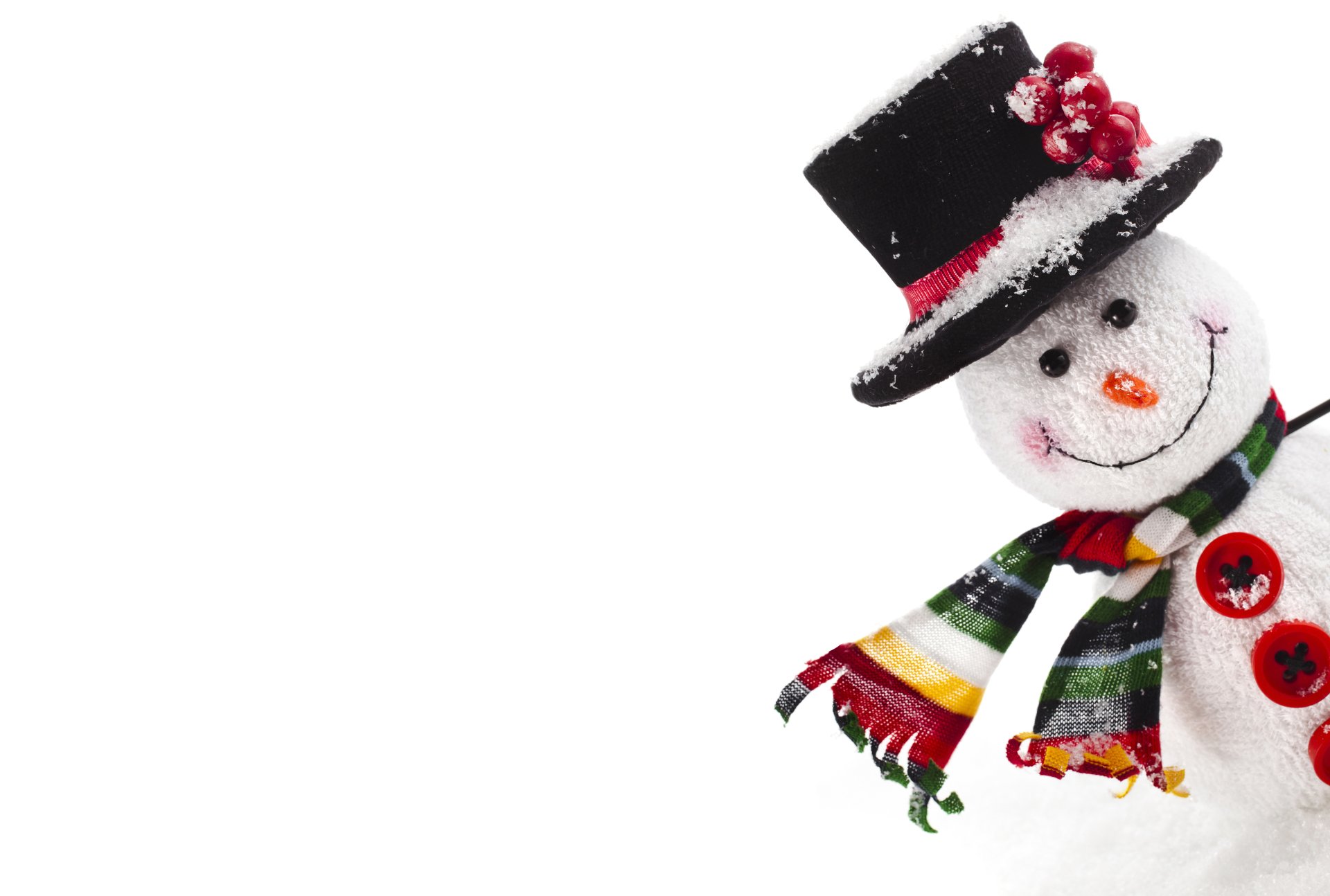 Artistic snowman with a black top hat and colorful scarf on a white background, rendered in 4K Ultra HD for PC desktop wallpaper and background.