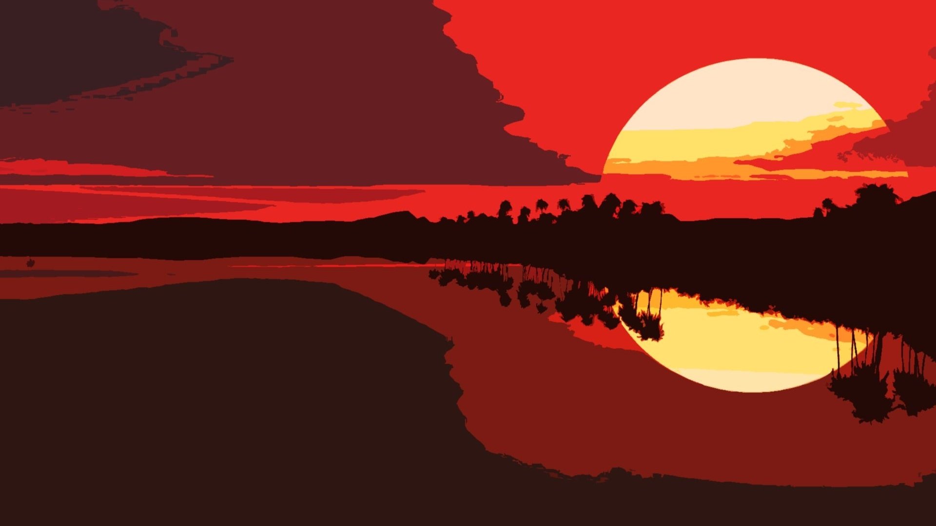 Artistic HD PC desktop wallpaper featuring a vibrant red and orange sunset over a calm river with silhouetted trees reflected in the water.