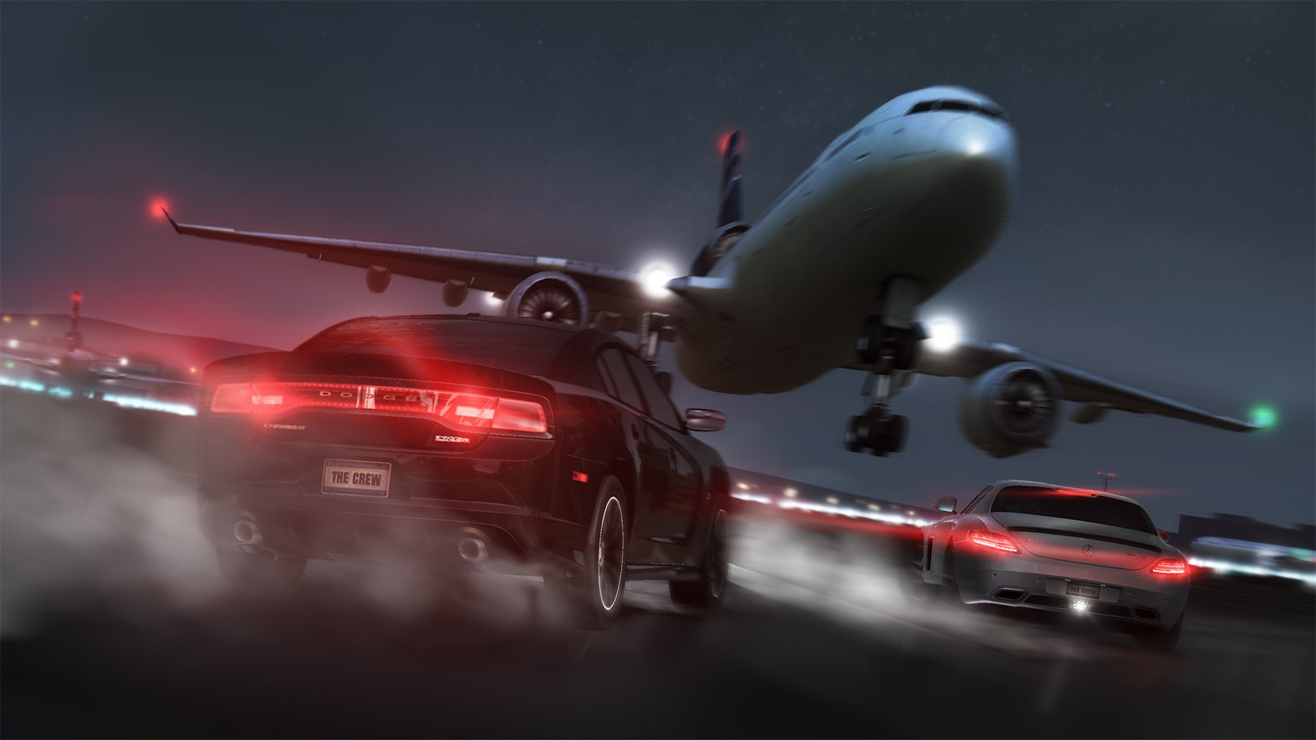 HD PC desktop wallpaper featuring high-speed cars racing beneath a low-flying airplane, inspired by the video game The Crew.