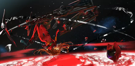 Asuka Langley Sohryu from Neon Genesis Evangelion floats dramatically in space, surrounded by debris and vibrant red accents, showcasing an intense moment from Evangelion: 3.0 You Can (Not) Redo.