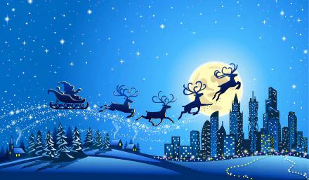 A festive scene featuring Santa in a sleigh pulled by reindeer, flying over a twinkling city under a full moon, capturing the magic of the holiday season in vibrant blue hues.