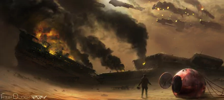 HD desktop wallpaper featuring a sci-fi battle scene with a lone figure facing a fiery, smoke-filled landscape with crashed spaceships.