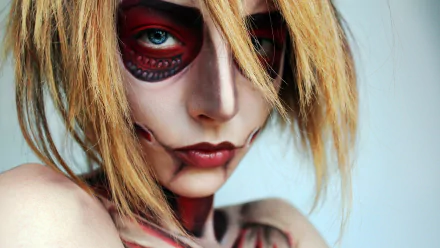 Artistic close-up of a person with detailed sugar skull makeup, featuring striking red and black designs, captured in HD for a PC desktop wallpaper background.
