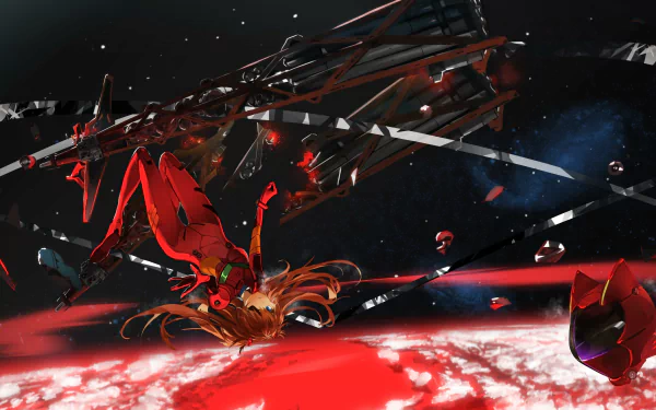 Asuka Langley Sohryu from Neon Genesis Evangelion floats dramatically in space, surrounded by debris and vibrant red accents, showcasing an intense moment from Evangelion: 3.0 You Can (Not) Redo.