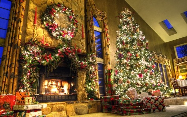 Holiday Christmas Christmas Tree Christmas Ornaments Gift Fireplace HD Wallpaper | Background Image