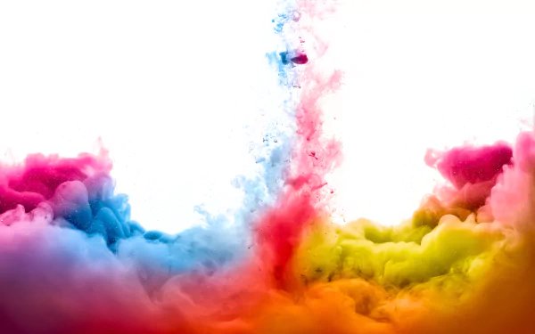 Abstract smoke swirls in vibrant shades of pink, blue, and yellow, creating a dynamic and colorful HD desktop wallpaper and background.