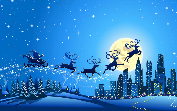 A festive scene featuring Santa in a sleigh pulled by reindeer, flying over a twinkling city under a full moon, capturing the magic of the holiday season in vibrant blue hues.