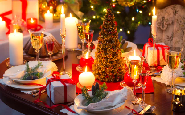 A beautifully decorated Christmas table, featuring candles, champagne glasses, and a festive centerpiece. This 4K Ultra HD wallpaper captures the holiday spirit and joyful celebration.