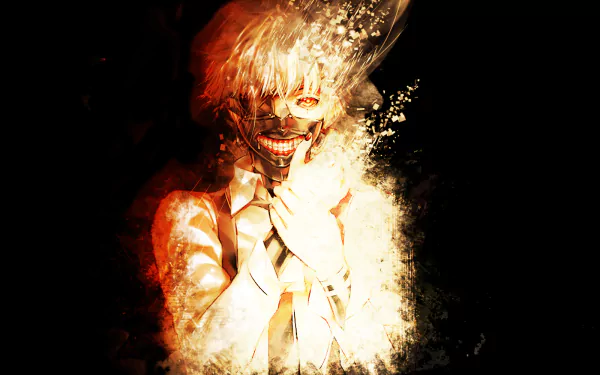 HD desktop wallpaper featuring Ken Kaneki from Tokyo Ghoul, depicted with a sinister smile amid a dynamic, fiery background.