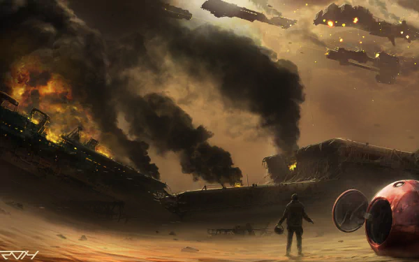 HD desktop wallpaper featuring a sci-fi battle scene with a lone figure facing a fiery, smoke-filled landscape with crashed spaceships.