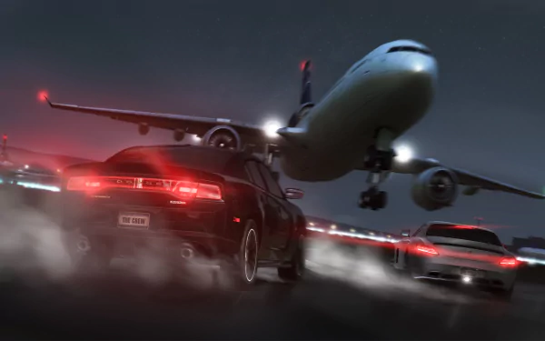 HD PC desktop wallpaper featuring high-speed cars racing beneath a low-flying airplane, inspired by the video game The Crew.
