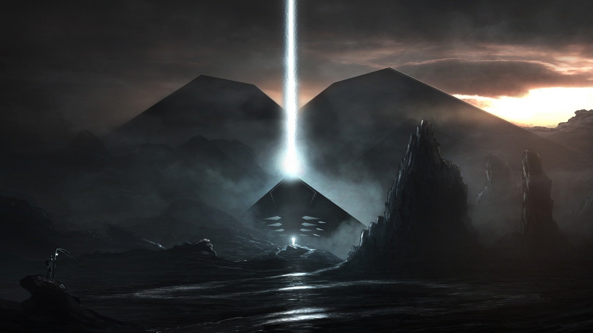 HD fantasy landscape wallpaper depicting a mysterious glowing pyramid with a beam of light piercing the dark, misty mountainous terrain.