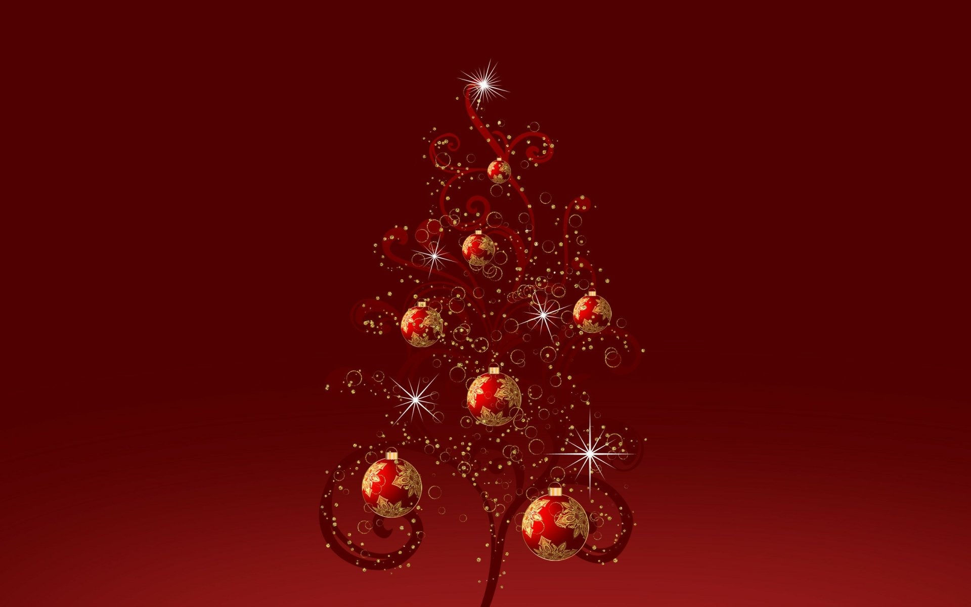 A minimalist design featuring a red Christmas tree adorned with shimmering ornaments, set against a deep red background, creating a festive holiday atmosphere.
