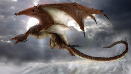 HD fantasy PC wallpaper featuring a fierce wyvern dragon soaring against a dramatic cloudy sky.