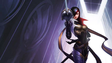 Fiora from League of Legends in detailed armor, wielding a rapier, depicted in an HD PC desktop wallpaper for the video game League of Legends.