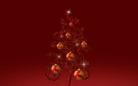 A minimalist design featuring a red Christmas tree adorned with shimmering ornaments, set against a deep red background, creating a festive holiday atmosphere.