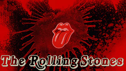 HD desktop wallpaper featuring The Rolling Stones' iconic red tongue logo on a splattered red and black background with the band's name in bold text.
