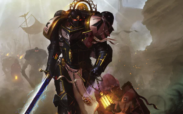 A dramatic HD wallpaper featuring a Warhammer character in striking armor, wielding a sword and leading a companion through a chaotic, atmospheric battlefield.