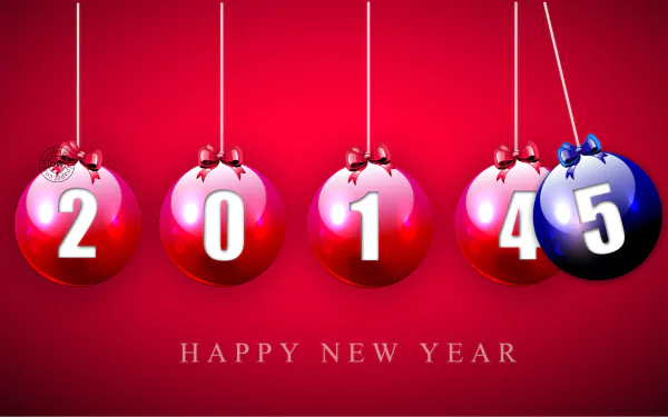Red New Year 2015 holiday 2K Quad HD PC desktop wallpaper showing five hanging baubles with digits 2‑0‑1‑5 and Happy New Year text on a vivid red background.