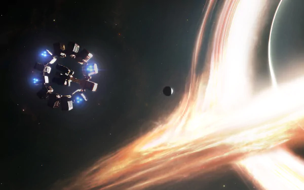 HD desktop wallpaper featuring a scene from the movie Interstellar, showcasing a spacecraft near a black hole.