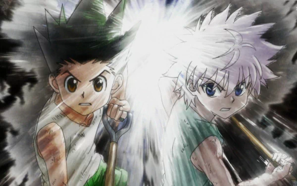 HD wallpaper of Gon Freecss and Killua Zoldyck from Hunter x Hunter, poised for action against a dynamic backdrop.