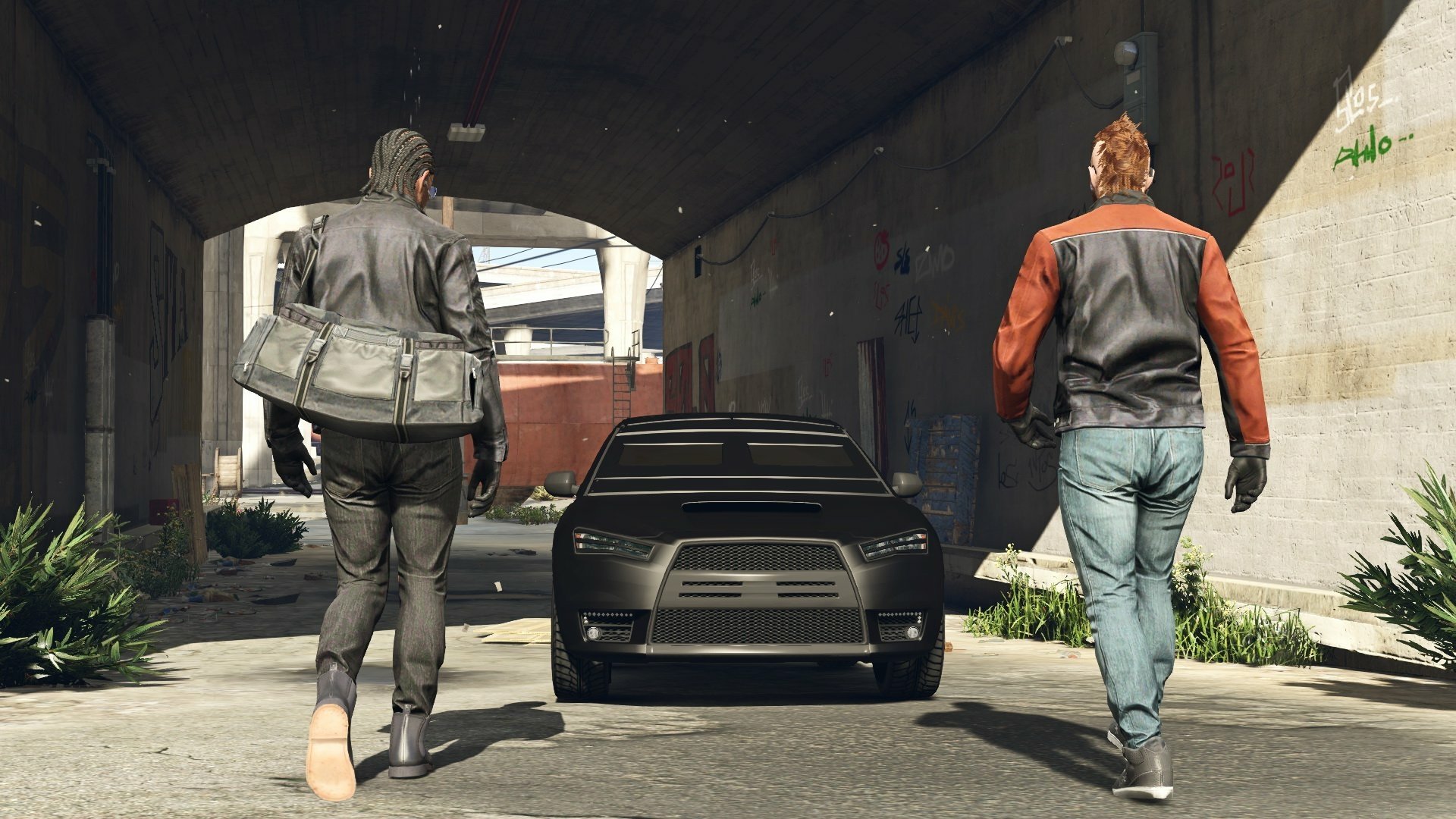 Two characters walk away from a sleek black car in a gritty urban setting, capturing the essence of Grand Theft Auto V in this HD PC desktop wallpaper.
