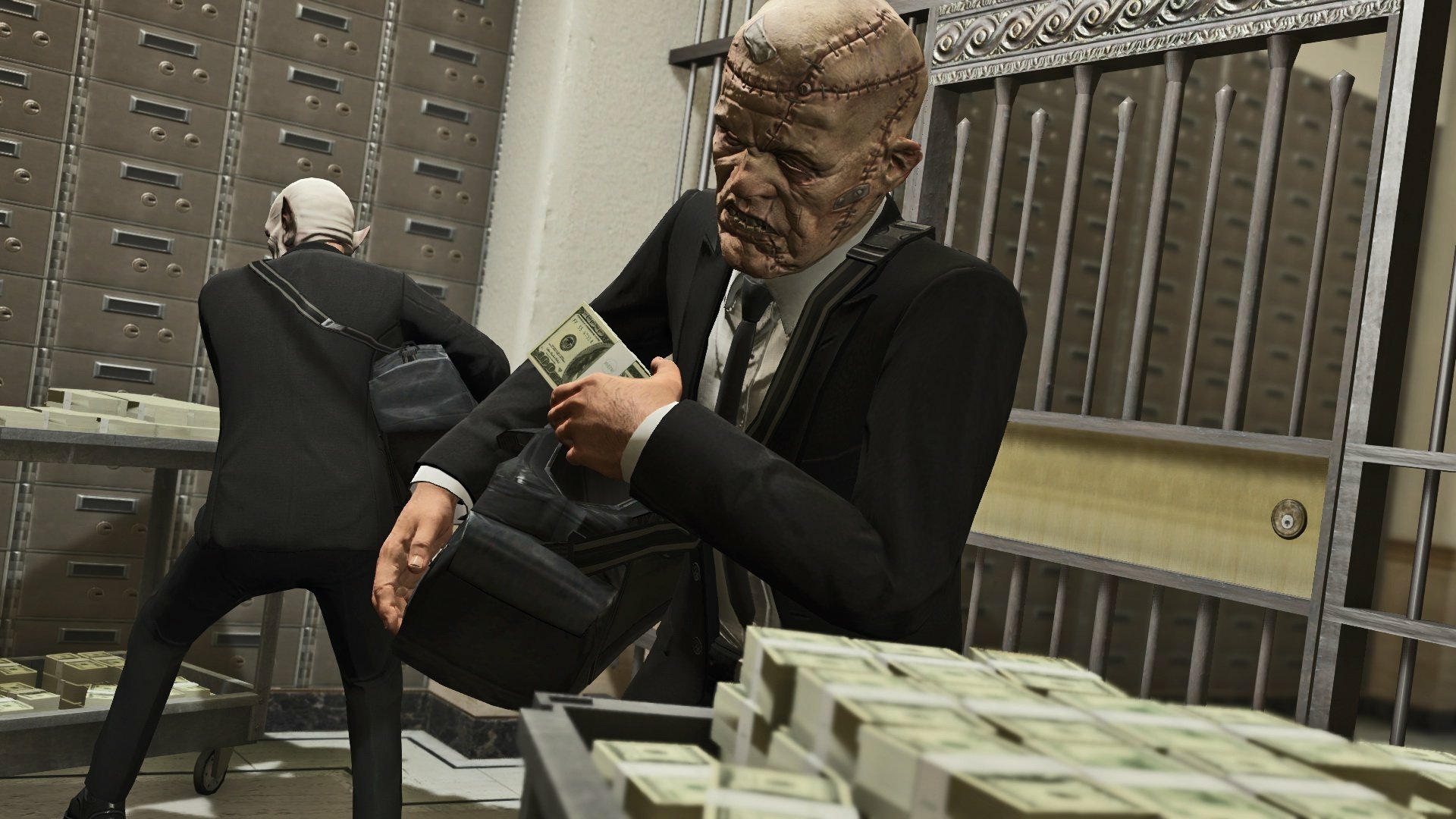 HD PC desktop wallpaper from the video game Grand Theft Auto V featuring masked characters handling stacks of cash during a heist.