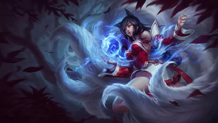 HD desktop wallpaper featuring Ahri, the character from the video game League of Legends, surrounded by mystical energy and tails in a dynamic, captivating pose against a dark, ethereal background.