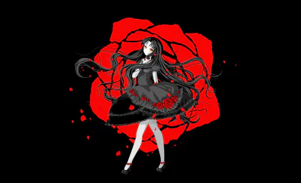 Rozen Maiden red anime wallpaper: a black-dressed anime girl with flowing hair posed against a bold red rose silhouette — 4K Ultra HD PC desktop background.