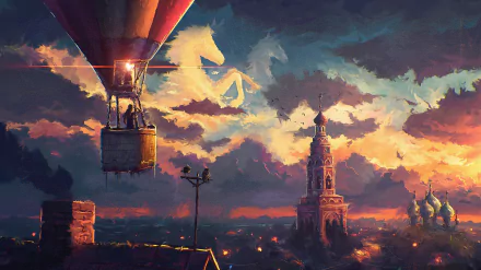 A vibrant fantasy cityscape featuring a hot air balloon soaring over dramatic clouds and a towering spire, capturing a magical sunset atmosphere. HD wallpaper for PC desktops.