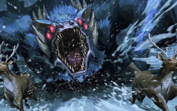 HD PC desktop wallpaper from the anime Akame ga Kill!, featuring a menacing, large wolf-like creature with glowing red eyes chasing two deer through a snowy forest.
