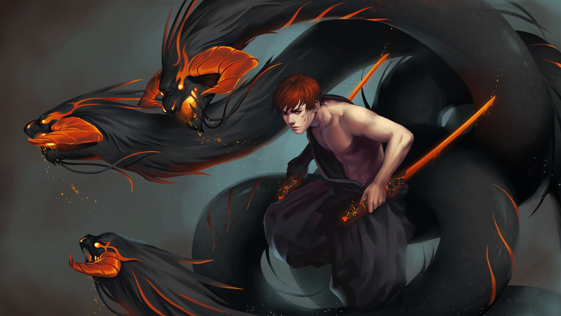 A fantasy warrior brandishes weapons while surrounded by dark, serpentine creatures with glowing orange features, creating an intense and dynamic scene. HD wallpaper for fantasy enthusiasts.