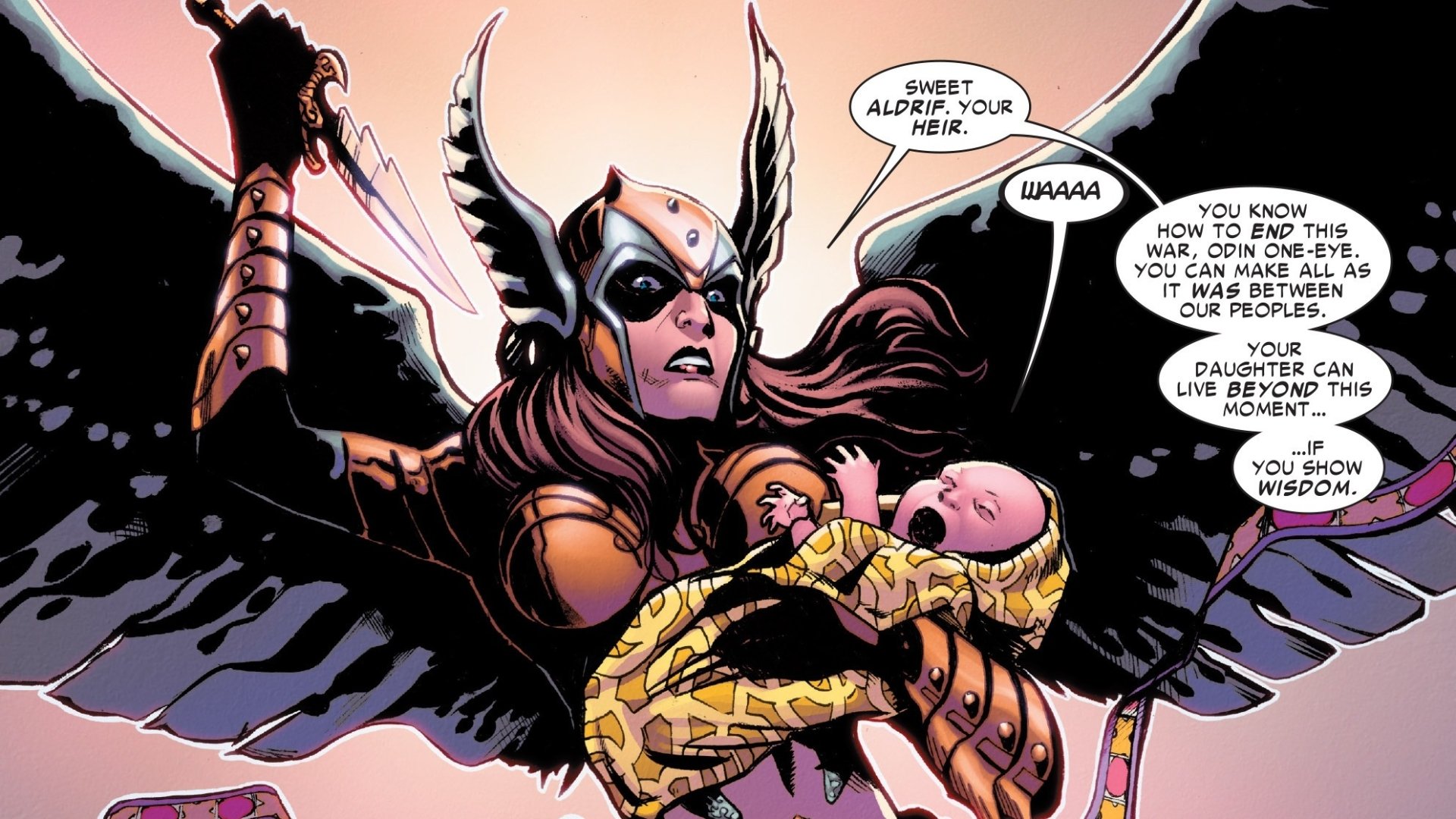 Angela (Marvel Comics) from Angela: Asgard's Assassin — winged armored warrior clutching an infant against a glowing sky; HD PC desktop wallpaper background.