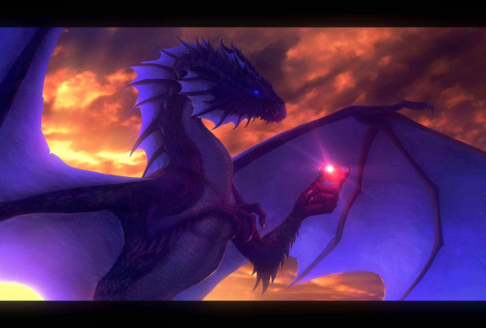 A majestic dragon holds a glowing crystal against a dramatic sunset backdrop, capturing the essence of fantasy in this HD PC desktop wallpaper.