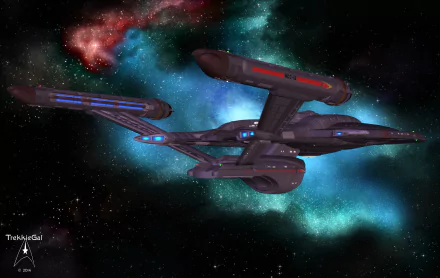 A 4K Ultra HD Star Trek sci-fi wallpaper featuring a sleek starship navigating through a vibrant nebula and star-filled space background.