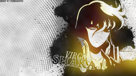 HD anime desktop wallpaper featuring Shaka from Saint Seiya, with a dramatic black and white background and bold text highlighting Virgo Shaka.